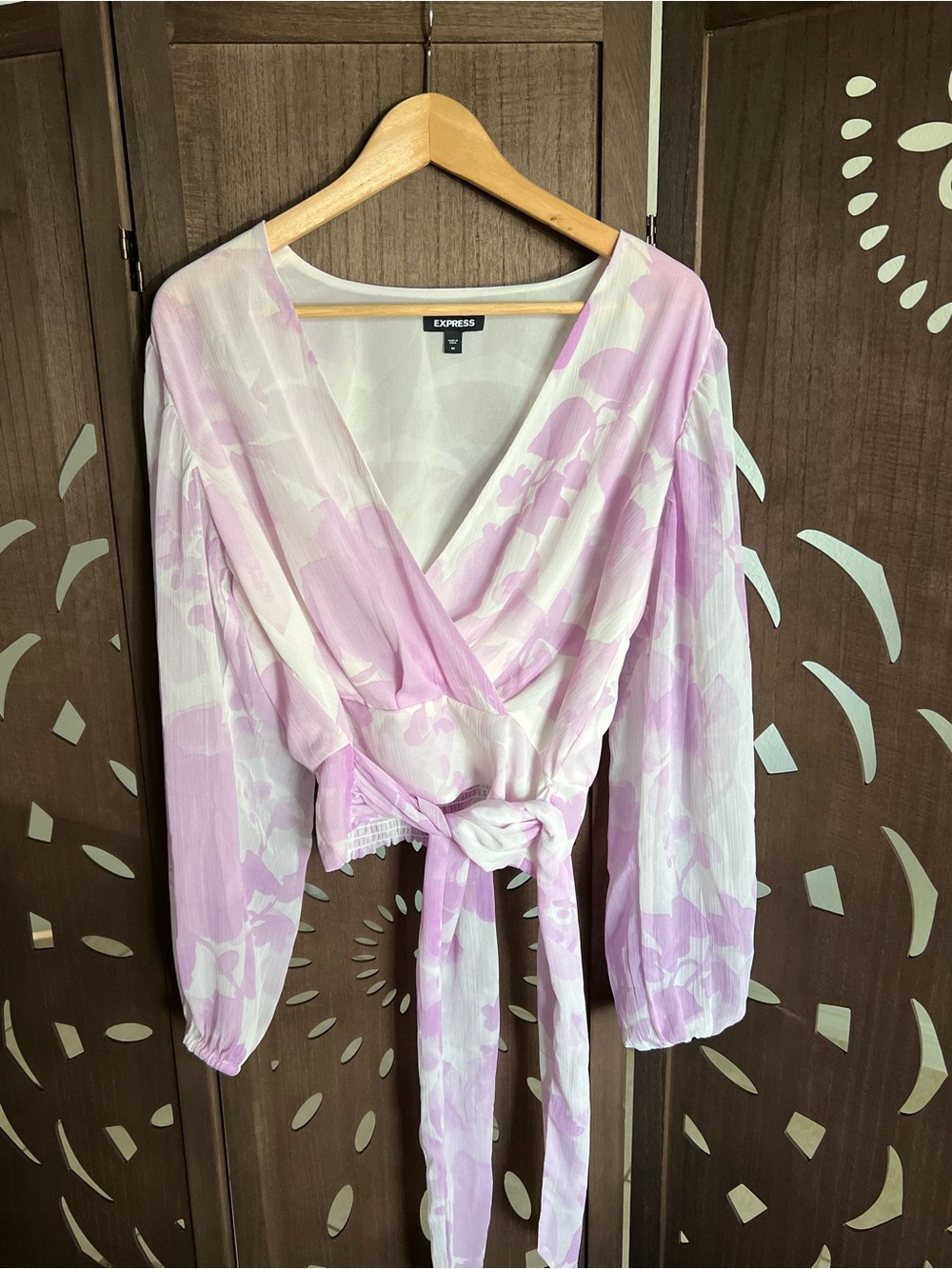 Express Lilac Floral Tie-Waist Wrap Blouse